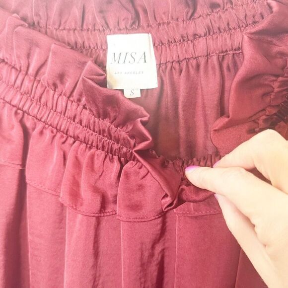 MISA Los Angeles Saskayi Off Shoulder Long Sleeve Tiered Ruffle Burgundy Blouse - Picture 5 of 11